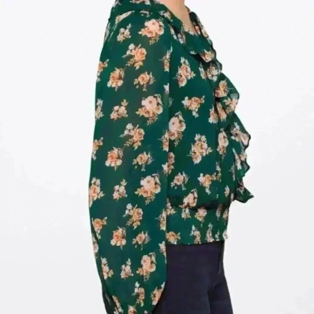 Lush Dark Green Floral Raya Peplum Smocked Waist Blouse Stitch Fix Milkmaid - Picture 3 of 14
